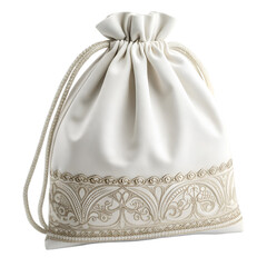White drawstring pouch with gold embroidered ornate border fabric