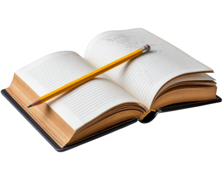 Open book yellow pencil lined paper note study education learning writing stationary knowledge inspiration motivation creativity literature reading academic information wisdom page object