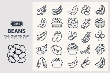 Collection of Different Bean Types and Legumes Illustrated as Icons White Background.