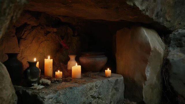A mystical cave illuminated by flickering candles, with ancient pots and artifacts nestled among the natural rock formations, evoking a sense of history and mystery.