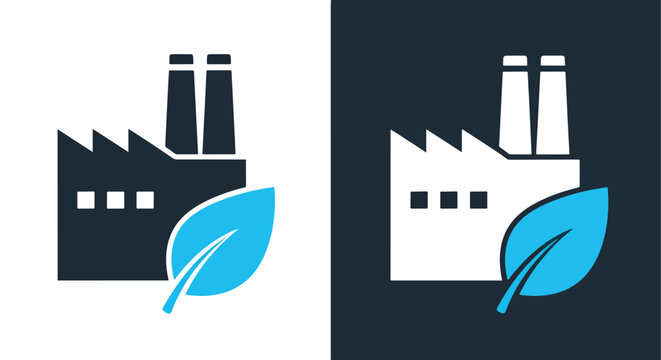 Eco friendly factory icon with leaf for sustainable industry and green energy solutions - Line and glyph solid icon and logo templete