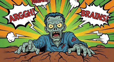 Obraz premium Terrifying zombie rising from the grave in pop art style, craving brains in a vibrant and dynamic comic book illustration perfect for Halloween events