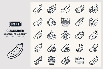 Collection of Fresh Cucumber Icons for Food and Health Applications White Background.