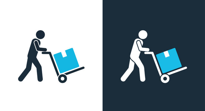 Stick figure pushing a box cart icon for delivery logistics and shipping services - Line and glyph solid icon and logo templete