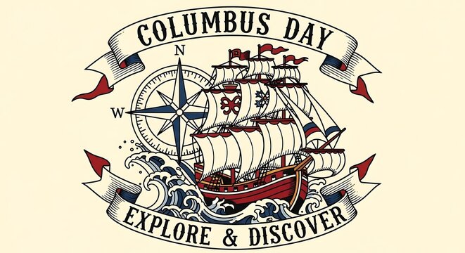 Celebrate Columbus Day with a vintage-style nautical design featuring a majestic ship sailing the ocean, perfect for holiday promotions and historical events