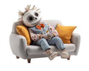 Funny scarecrow doll with stitched face, straw hair, and colorful clothes leaning back on cozy gray couch with yellow pillows, whimsical and relaxed atmosphere