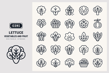 Collection of Lettuce Vegetable Fruit Icons Featuring Various Leafy Greens and Produce Illustrations White Background.