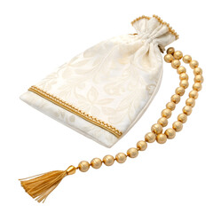 White embroidered pouch with gold trim and golden prayer beads mala rosary