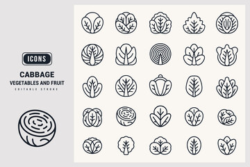 Collection of Cabbage Vegetable Icons for Healthy Food Designs White Background.