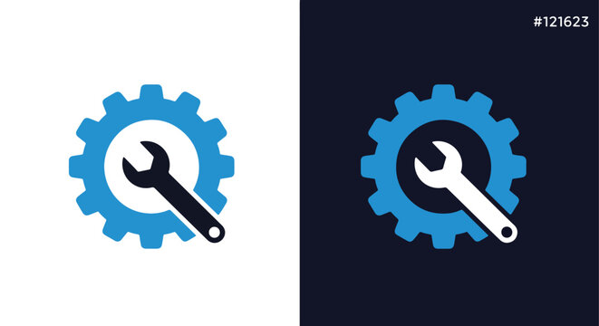 Blue gear and wrench icon for technical support and repair services - Line and glyph solid icon and logo templete