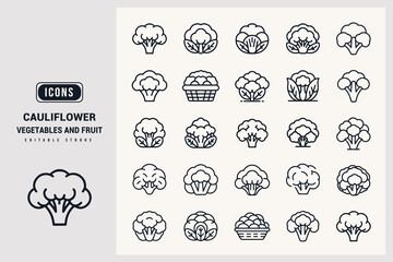 Collection of Various Cauliflower Vegetable Icons for Food and Health Design Projects White Background.