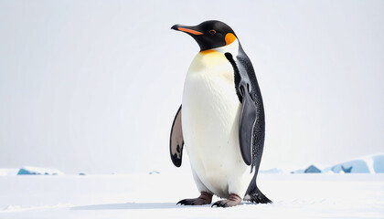 Fototapeta premium Playful penguin standing on the snowy ground with a bright white background providing ample copy space available