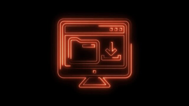 Neon style computer screen with download symbol glows against black background