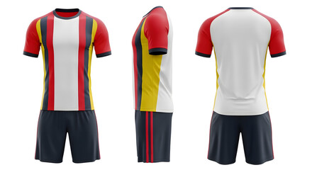 Sporty white soccer jersey with red sleeves, yellow side panels, and vertical red-blue stripes. Paired with navy shorts for a bold and dynamic football look.
