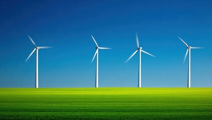 Fototapeta premium Four wind turbines stand tall against a vibrant blue sky, positioned on a field of fresh green grass.