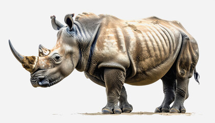 Fototapeta premium Powerful rhinoceros in side profile isolated on white background perfect for nature and wildlife themes