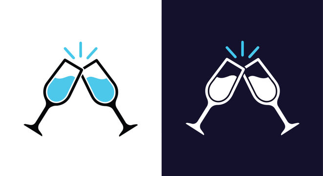 Two champagne glasses clinking together celebration toast icon symbol - Line and glyph solid icon and logo templete