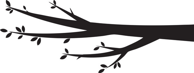 Dark silhouette of a bare tree branch with small leaves isolated on transparent background