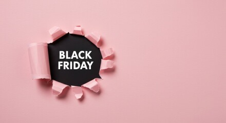A circular tear in pink paper reveals a black center with the white text BLACK FRIDAY inside