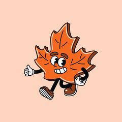 A cheerful cartoon maple leaf character with a friendly face, arms, and legs, giving a thumbs-up gesture, embodying autumn fun. Maple leaf retro vintage mascot.
