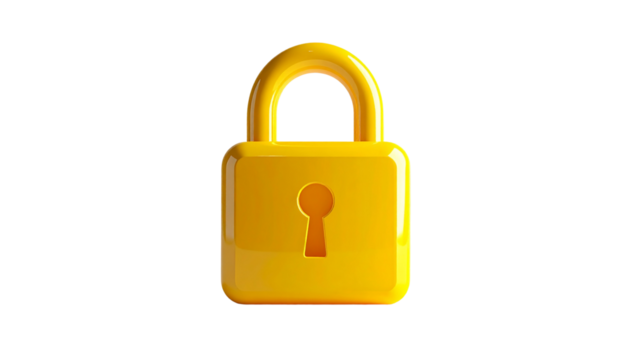 Yellow padlock digital security concept isolated on transparent background