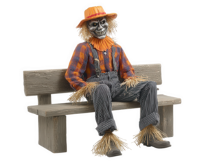 Scarecrow doll wooden bench orange hat plaid shirt striped pants straw hair Halloween spooky smiling outdoor decor autumn