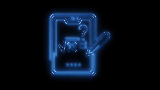 Glowing neon tablet displaying a math equation with question mark and pencil illustration