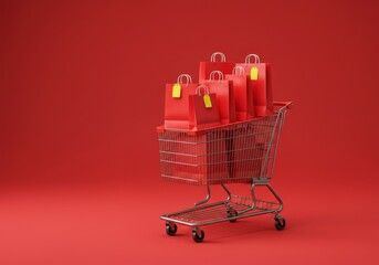 3D rendering of a shopping cart filled with red shopping bags featuring blank yellow tags on a red background