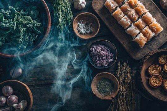 Gourmet food ingredients, smoky, rustic