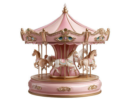 Pink carousel music box with ornate gold details, featuring white horses and festive, nostalgic design, perfect for birthday decor or whimsical celebration atmosphere