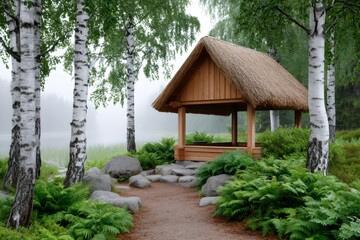 Gazebo with thatched roof by foggy lake