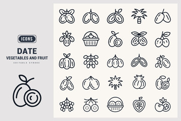 Collection of Outline Icons Representing Various Dates Vegetables and Fruits White Background.