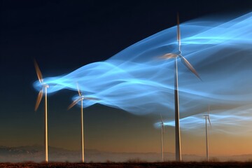 Wind turbines catch the vibrant blue hues of a twilight breeze in a tranquil rural landscape.