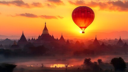 Hot air balloon floating over ancient temples at sunrise in Bagan, Myanmar