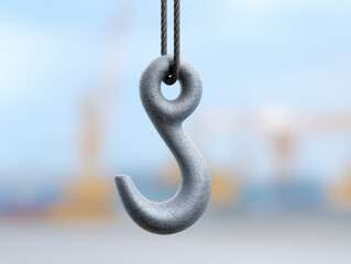 Crane hook close up hanging on steel cable with blurred industrial background