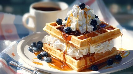 A stack of waffles with whipped cream, blueberries, and syrup, a delightful breakfast or dessert option