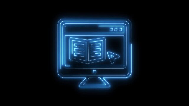 Neon computer screen displaying online education and elearning with book and cursor icon
