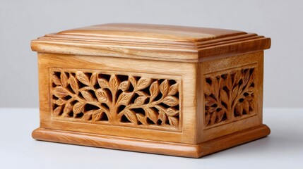 Wooden urn box carved with tree of life design