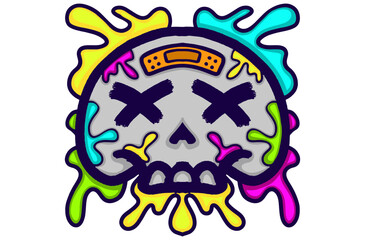 Vector Artwork of Skull with Dead Expression with bandaid on his forehead and some colorful neon paint splashes around him for halloween theme
