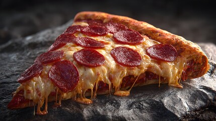 A single slice of pepperoni pizza resting on a rock with melted cheese and delicious toppings