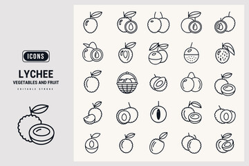 Lychee Fruit and Related Produce Vector Icon Set Collection White Background.