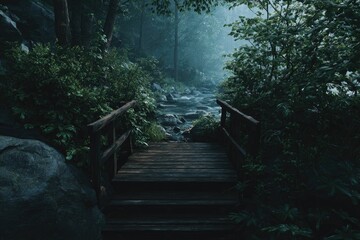 Obraz premium Misty forest path with wooden bridge