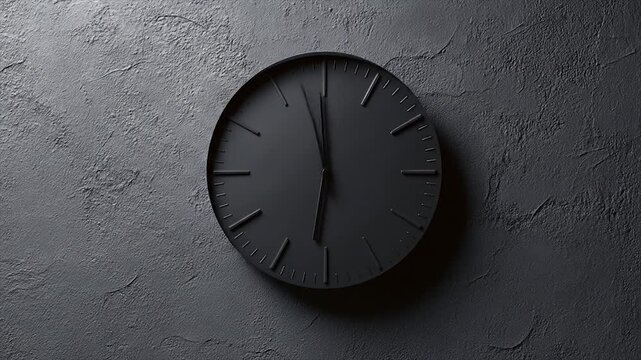 Modern black clock on textured gray wall background close up