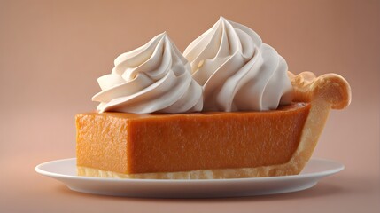 A delectable slice of pumpkin pie topped with whipped cream on a plate against a soft background