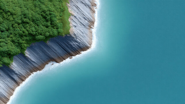 Coastal cliffs with green forest meeting clear blue ocean water in natural landscape