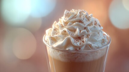 Close up of a pumpkin spice latte with whipped cream and cinnamon in a plastic cup on bokeh background