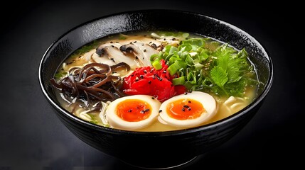 Delicious ramen bowl with egg, mushroom, seaweed, and scallions on a black background, a flavorful dish