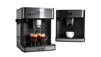 Set of Coffee Brewing Espresso Machines with Glass Cups isolated on transparent background