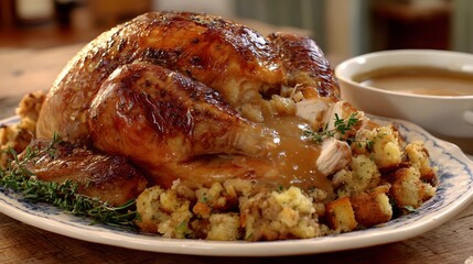Roasted turkey with stuffing and gravy on a plate, a delicious and festive meal for thanksgiving dinner