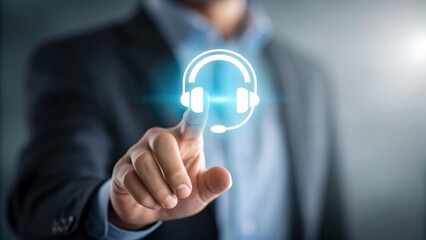 proactive+customer+care A businessman interacts with a virtual headset icon, symbolizing technology and communication.